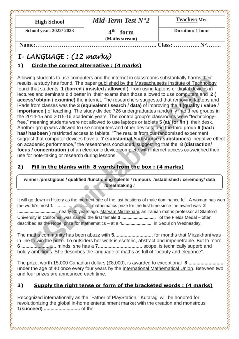 mid term test 2 4th form worksheet