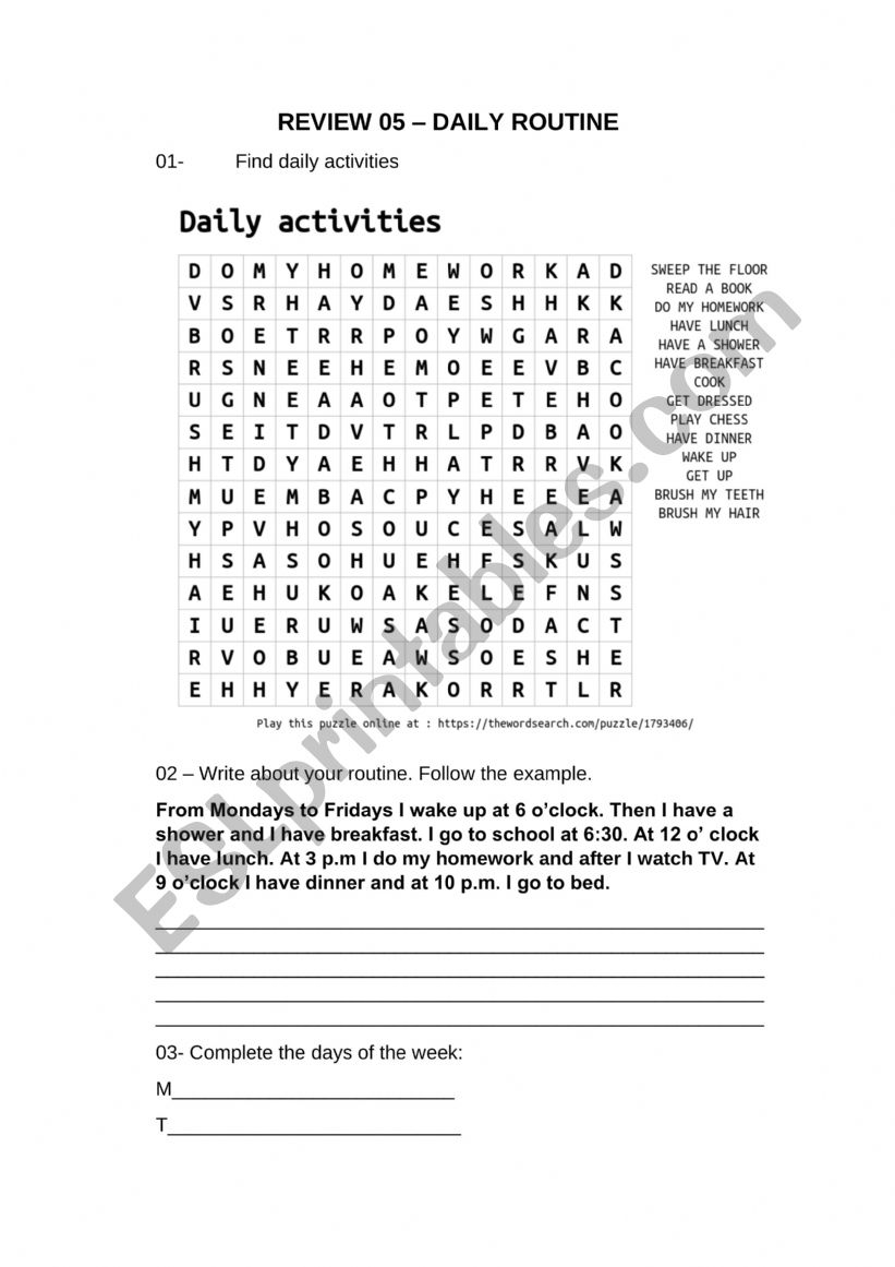 Daily routine worksheet