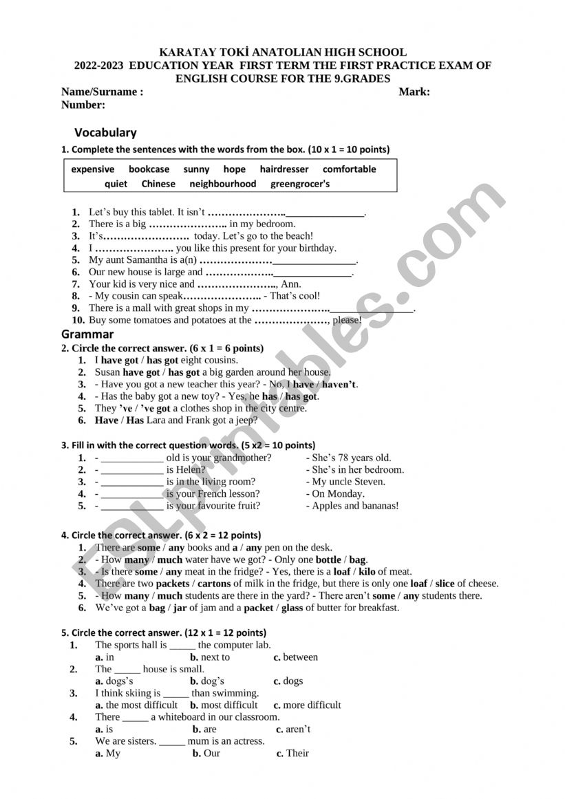 elemantary quiz worksheet