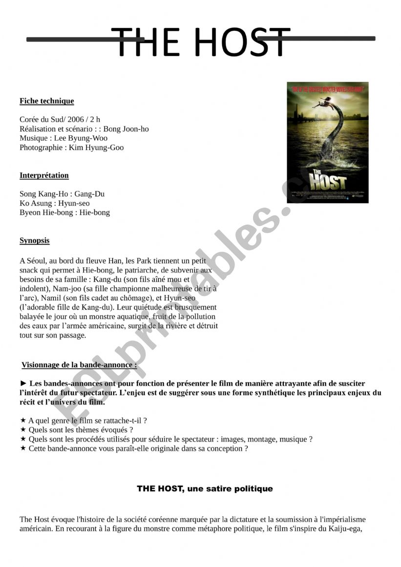 The Host movie worksheet worksheet