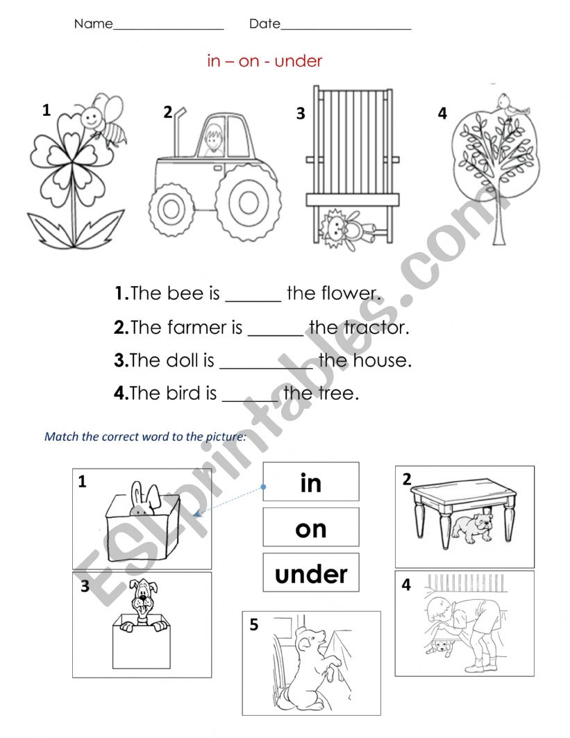 in, on, under worksheet