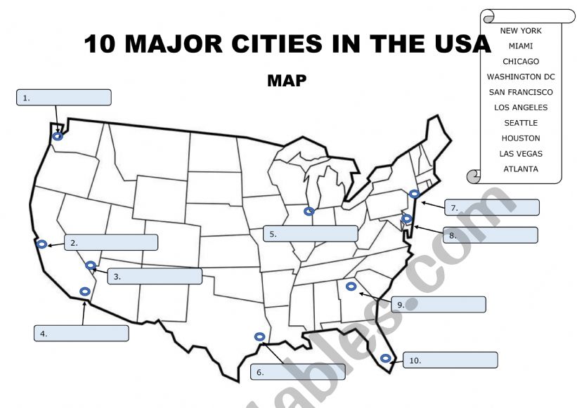 10 MAJOR CITIES IN THE USA worksheet