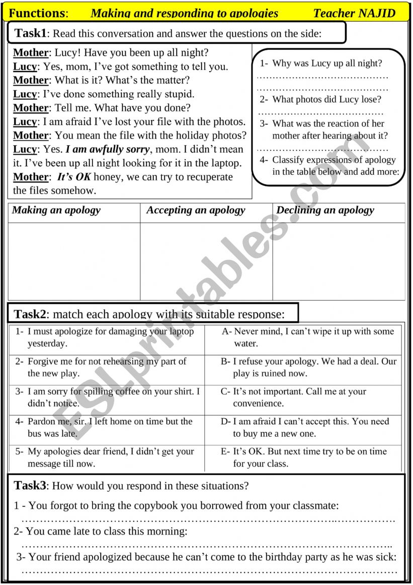 Express apology worksheet