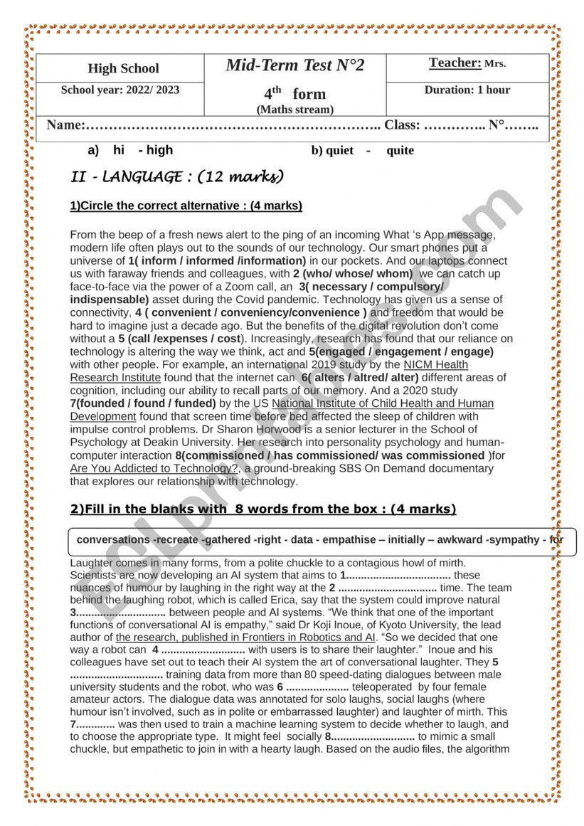 mid term test 2 4th form worksheet