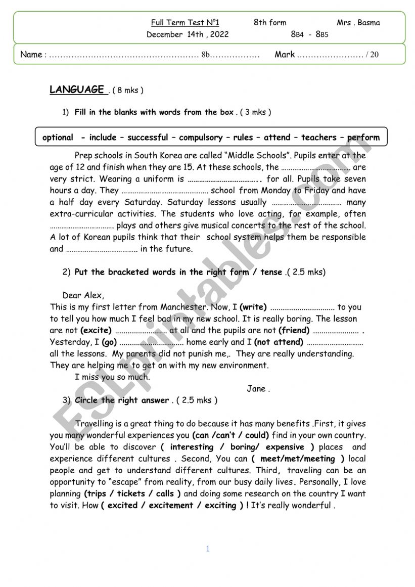 full term term test 1 8th form