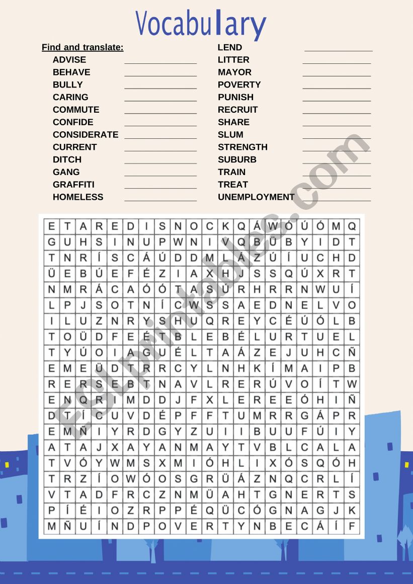 Word search - City life worksheet