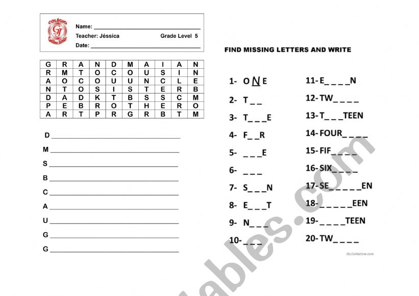 Family and numbers worksheet