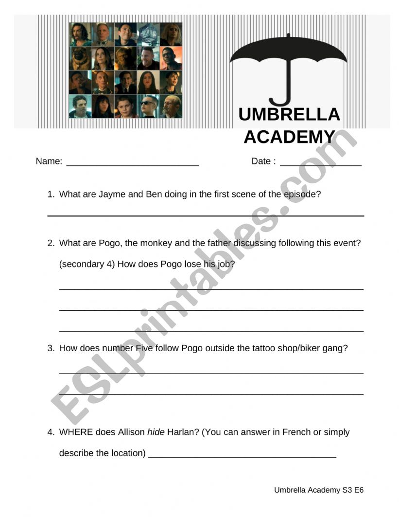 Umbrella Academy S3 E6 worksheet