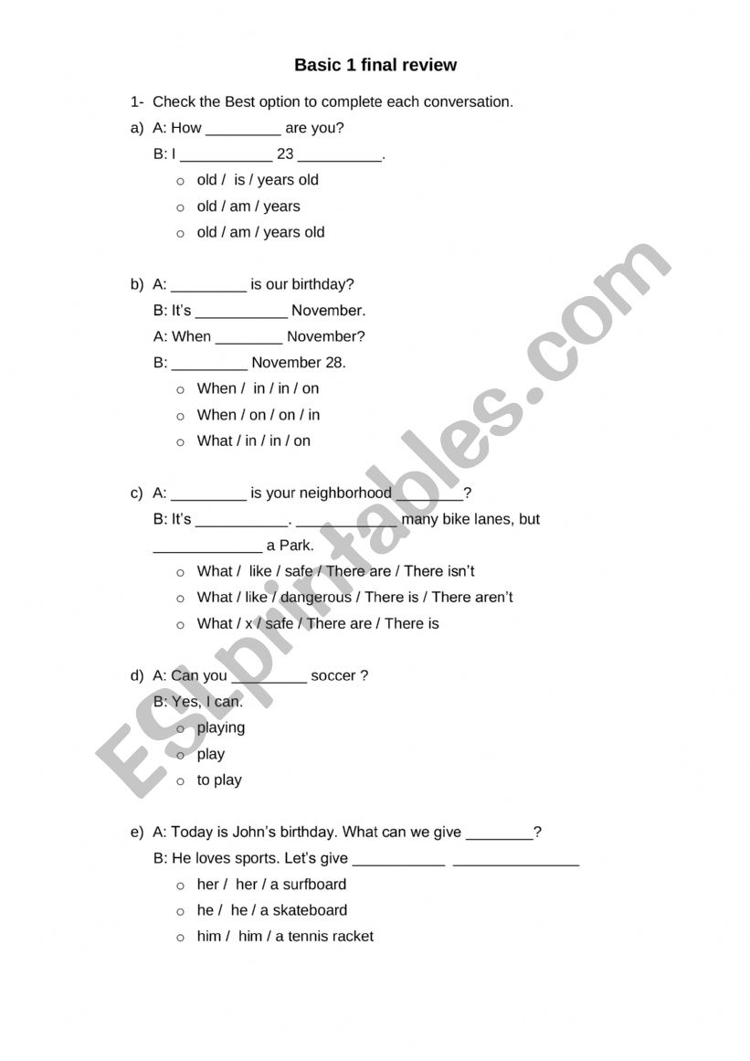 Final test review worksheet