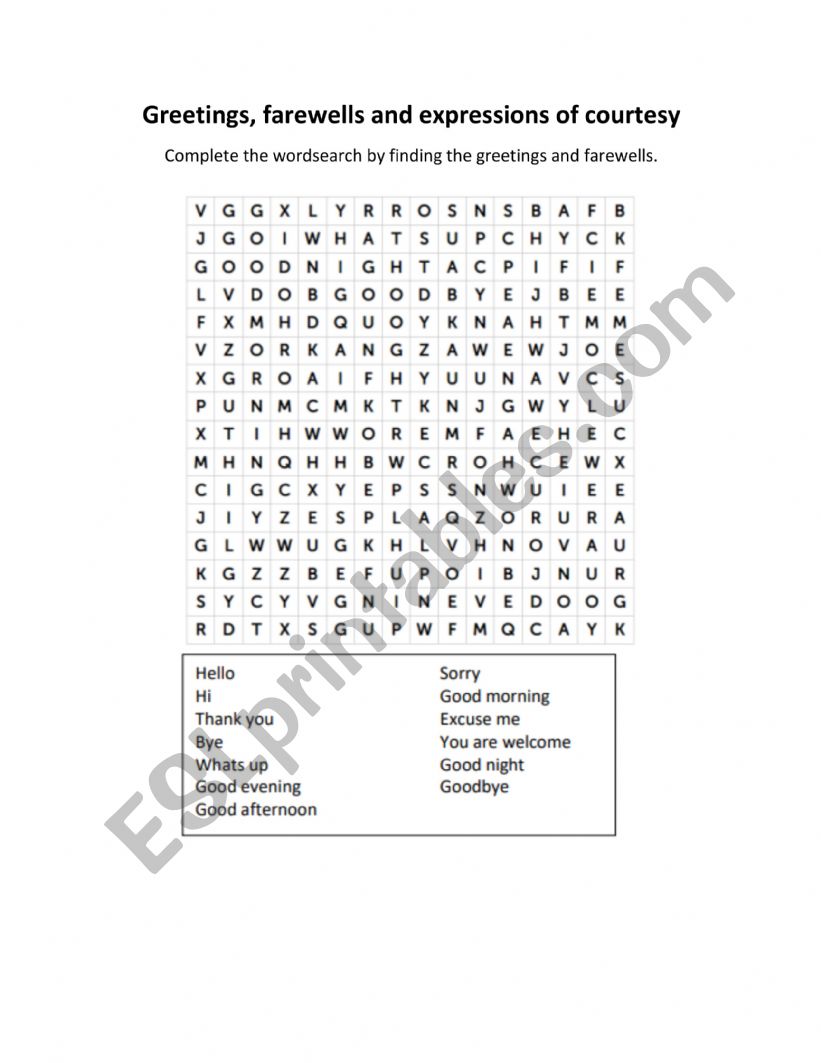Greetins, farewells and expressions wordsearch