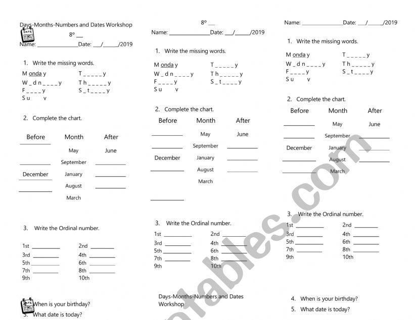 Day, Months,Numbers worksheet