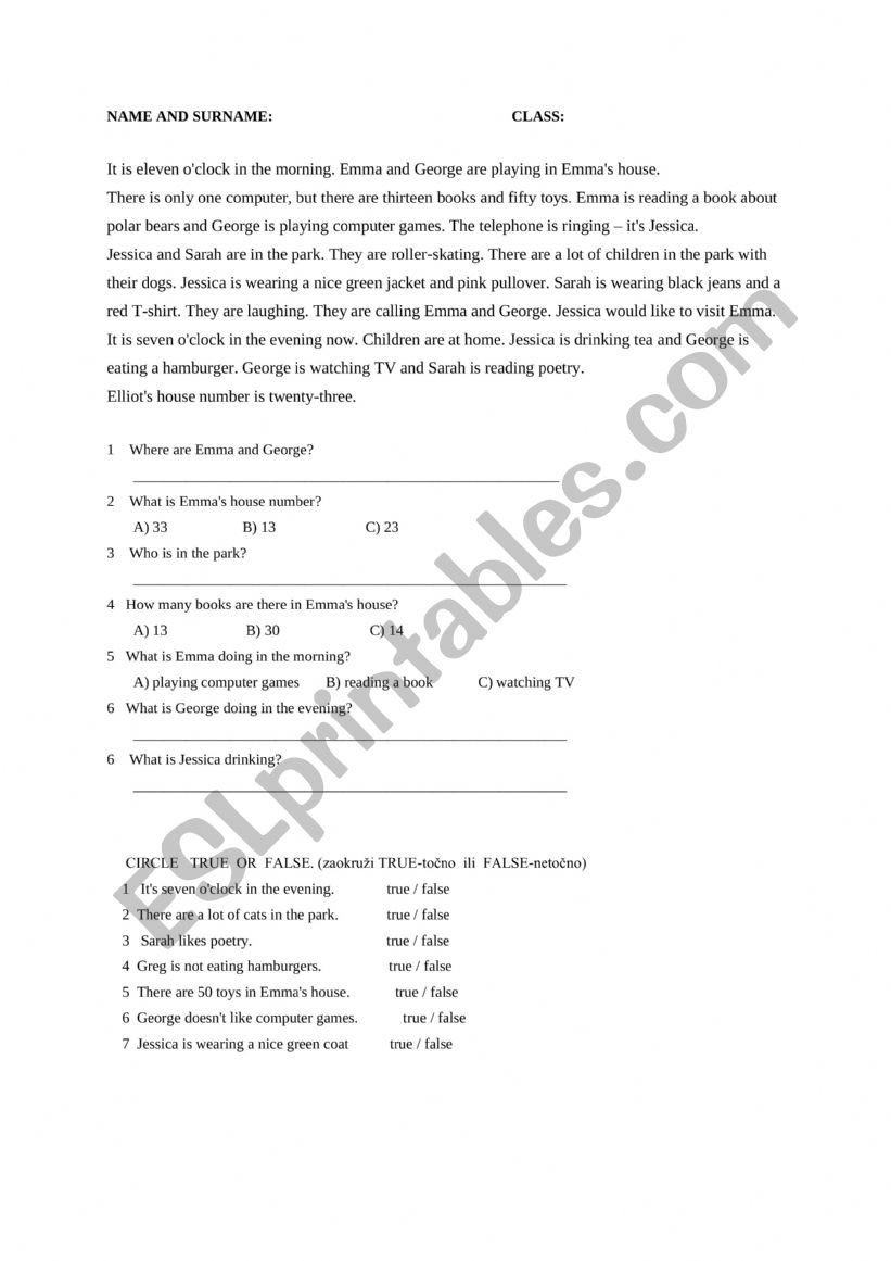 Elementary level - reading worksheet