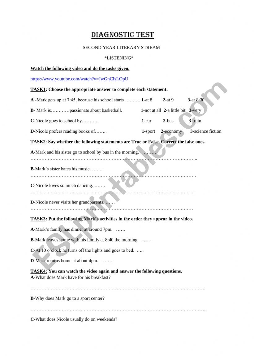 diagnostic test second year worksheet