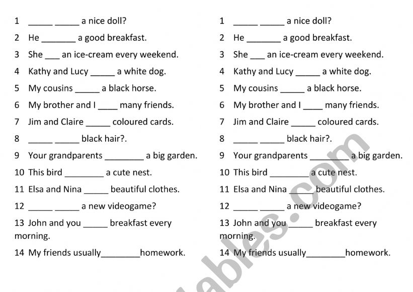 fill in Verb To have worksheet
