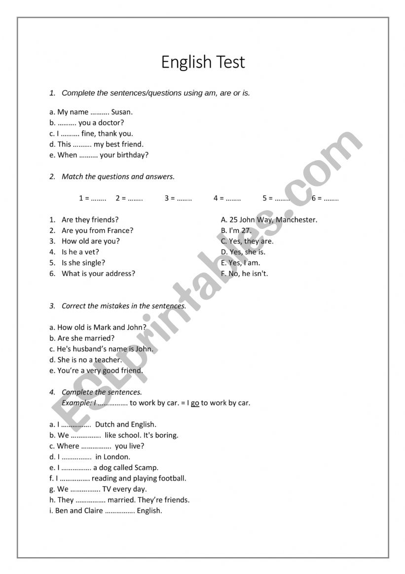 English Test for beginners worksheet
