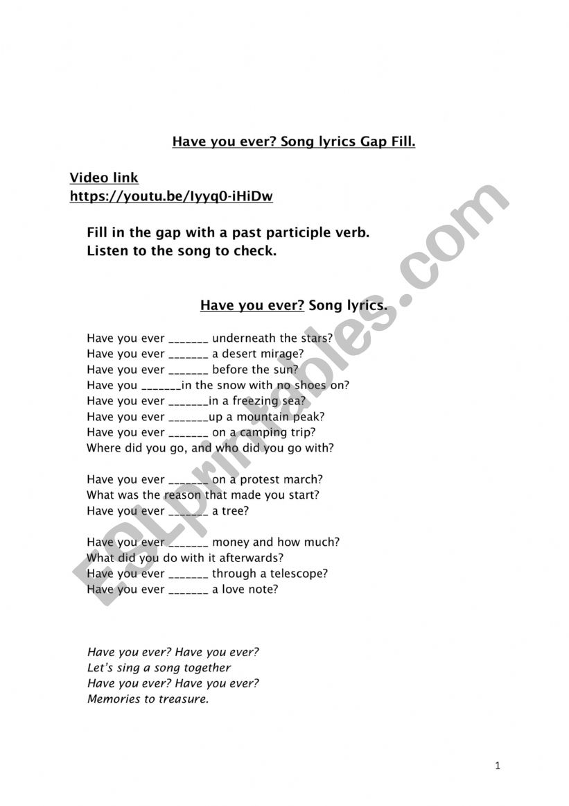 Have you ever gap fill song worksheet