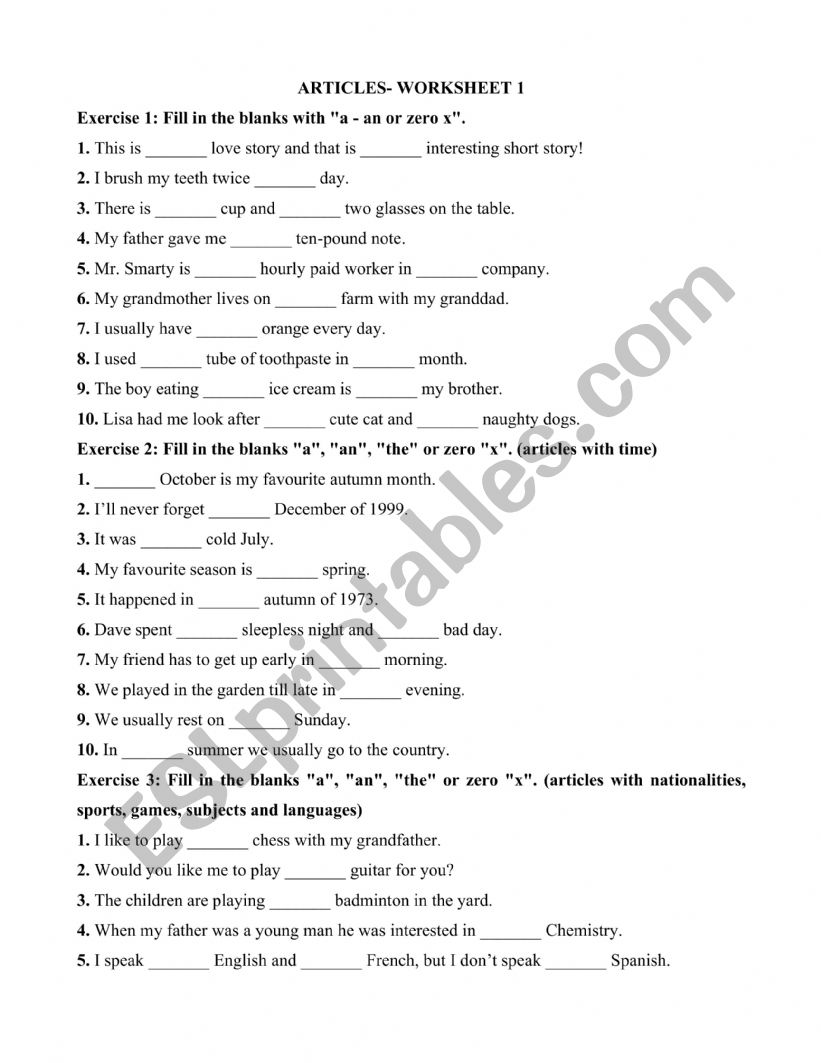 ARTICLES (A/AN/THE)- WORKSHEET 1