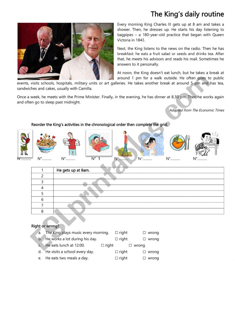 King Charless daily routine worksheet