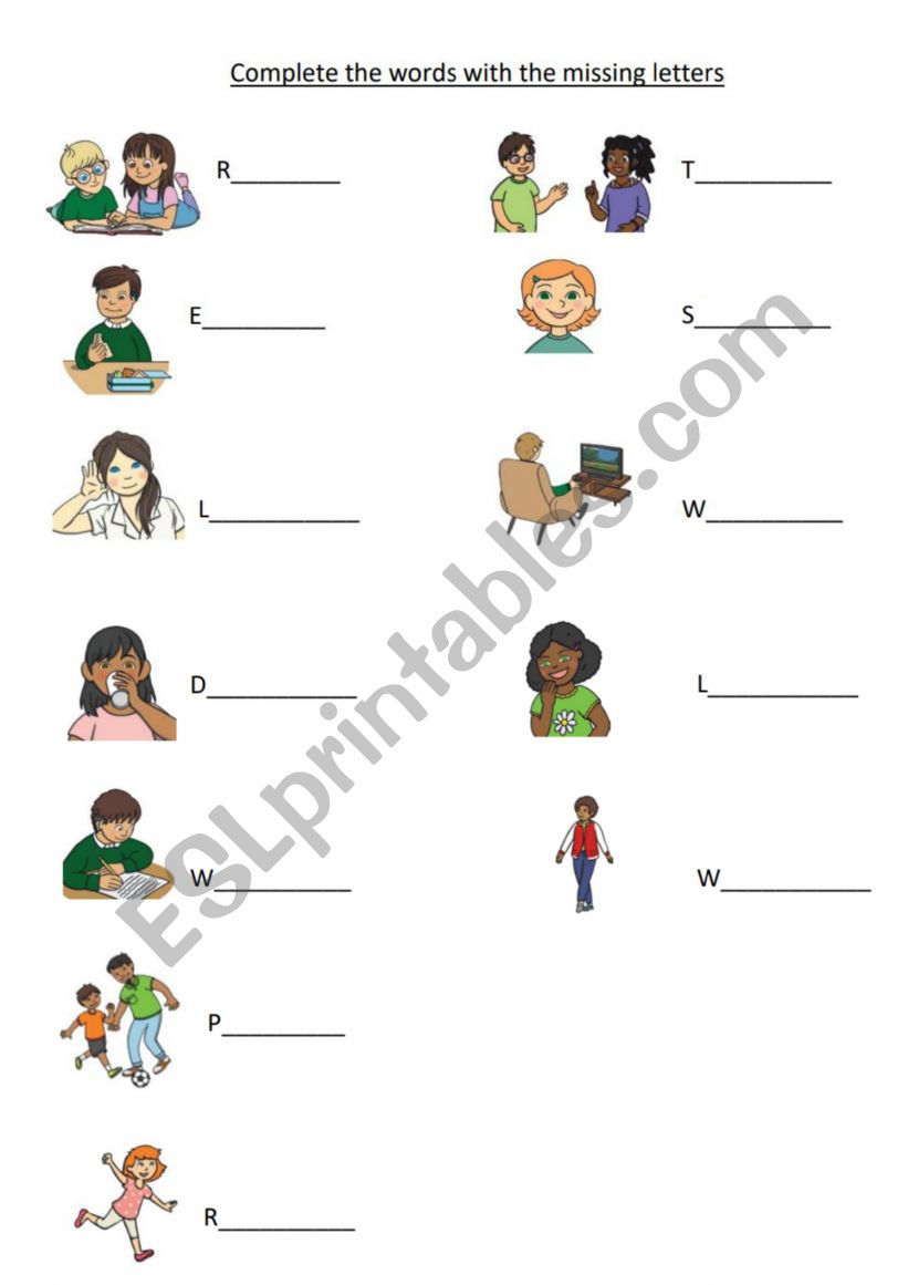 Basic verbs word completion worksheet