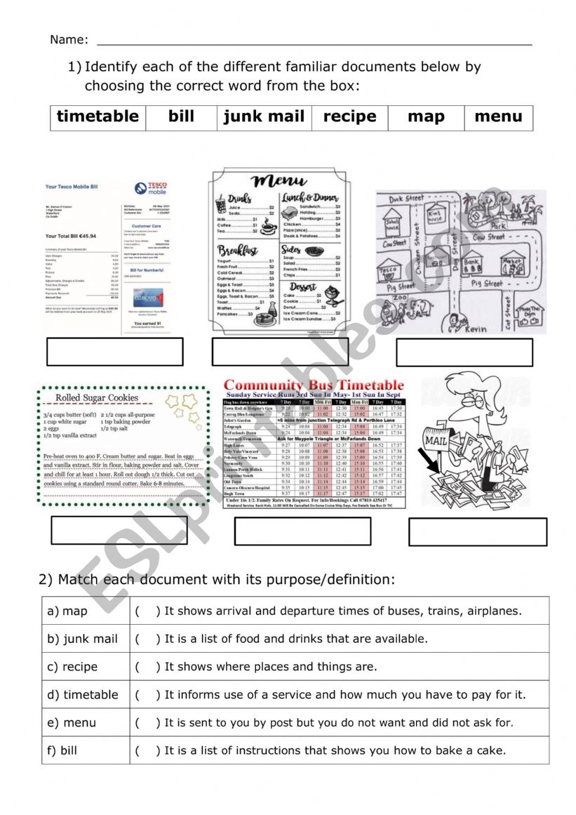 Identify familiar documents worksheet