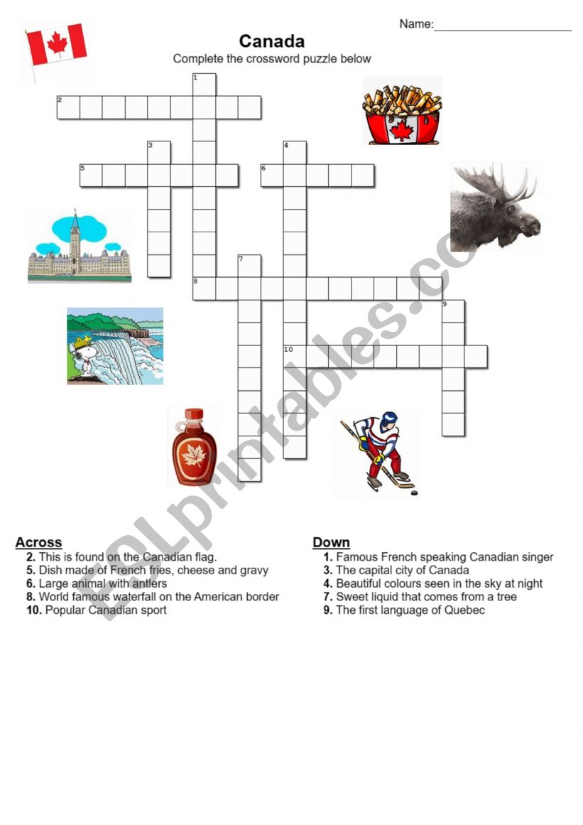 Canada crossword worksheet
