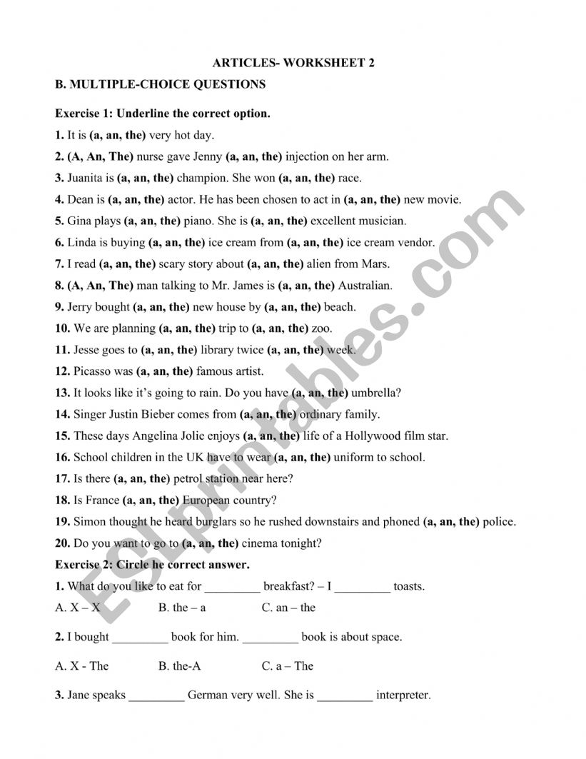 ARTICLES- WORKSHEET 2 worksheet