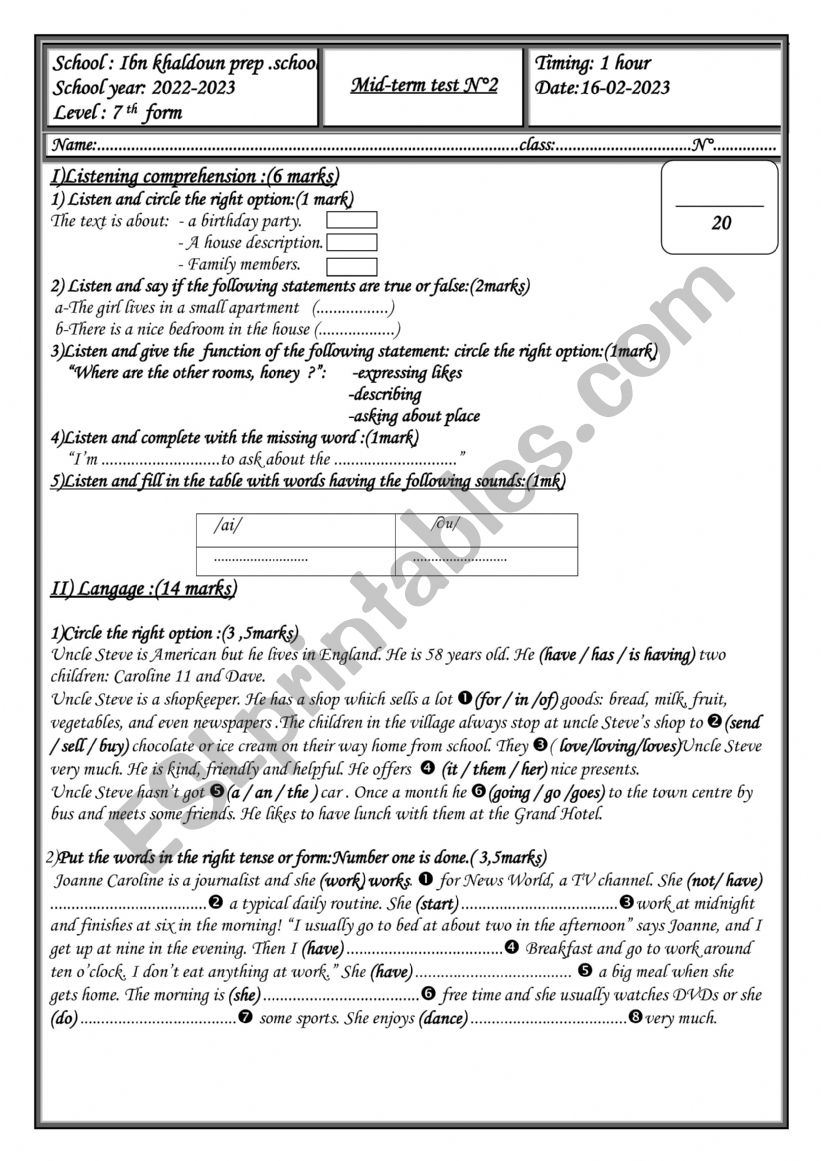 Mid term test N°2 7th form tunisian students - ESL worksheet by adamahmed