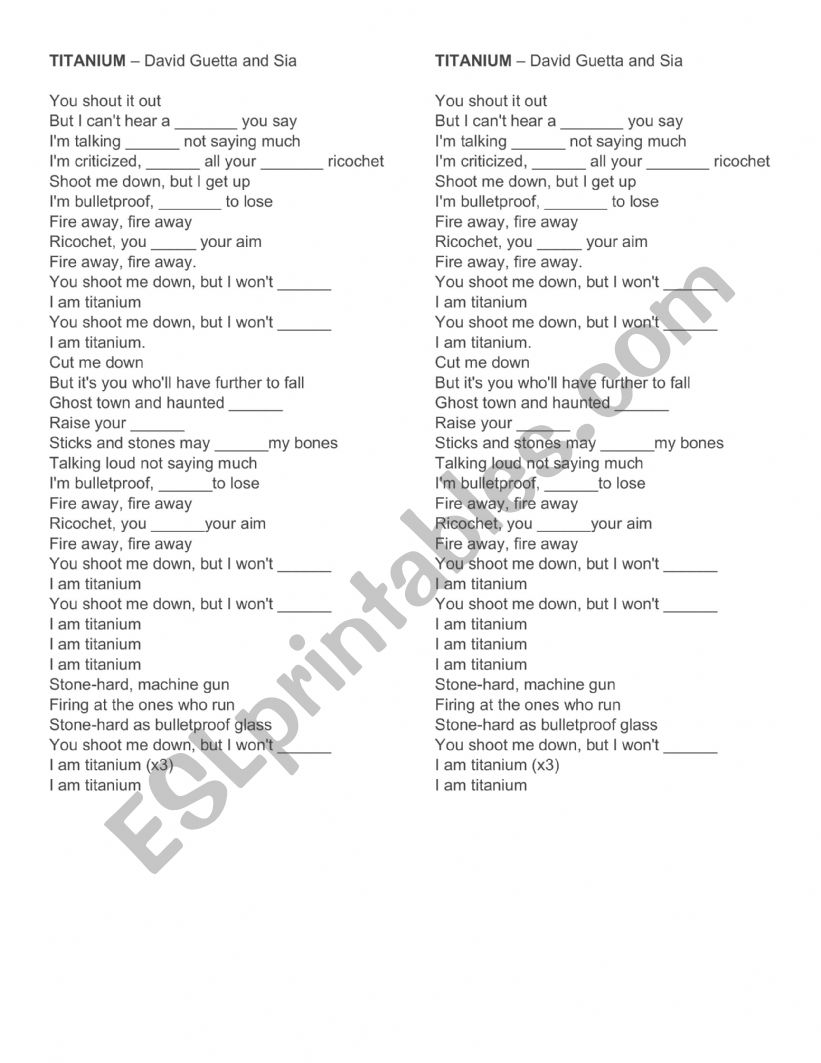 Titanium - Song worksheet