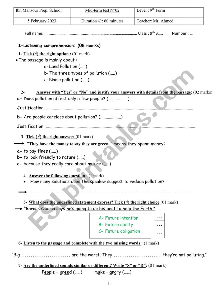 Mid term test 9 form worksheet