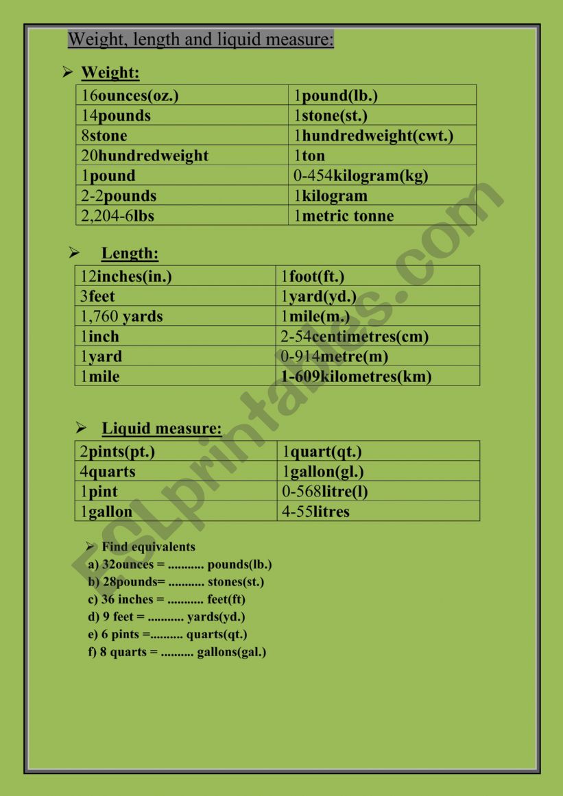 weight lenght liquid measure worksheet