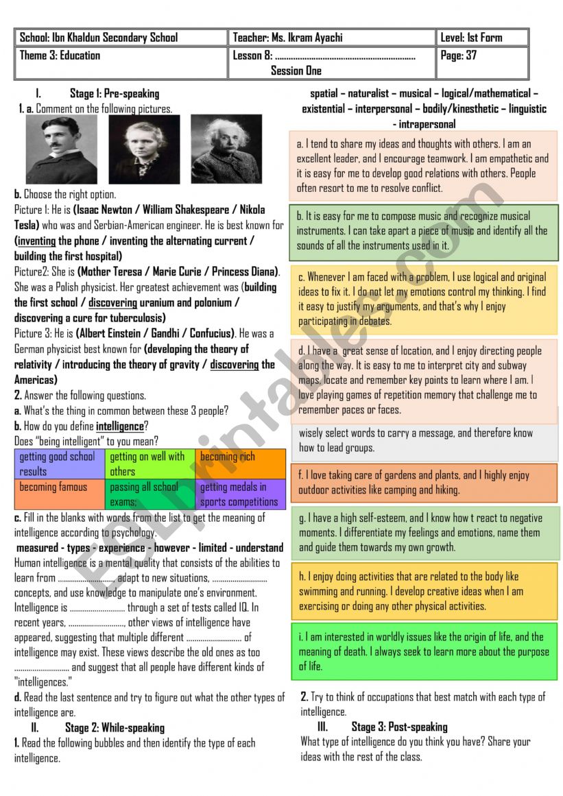 1st Form - Lesson n° 8 - Are We All Intelligent? - ESL worksheet by ...