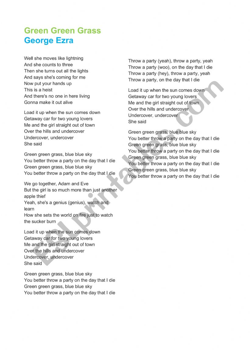 Adam & Eve Green Green Grass Lyrics George Ezra Lyric 