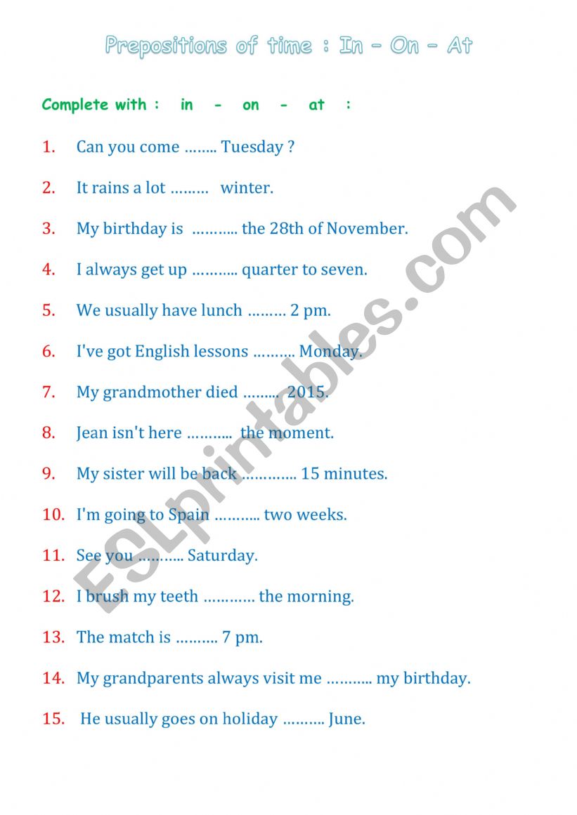 Prepositions of time:In-On-At worksheet