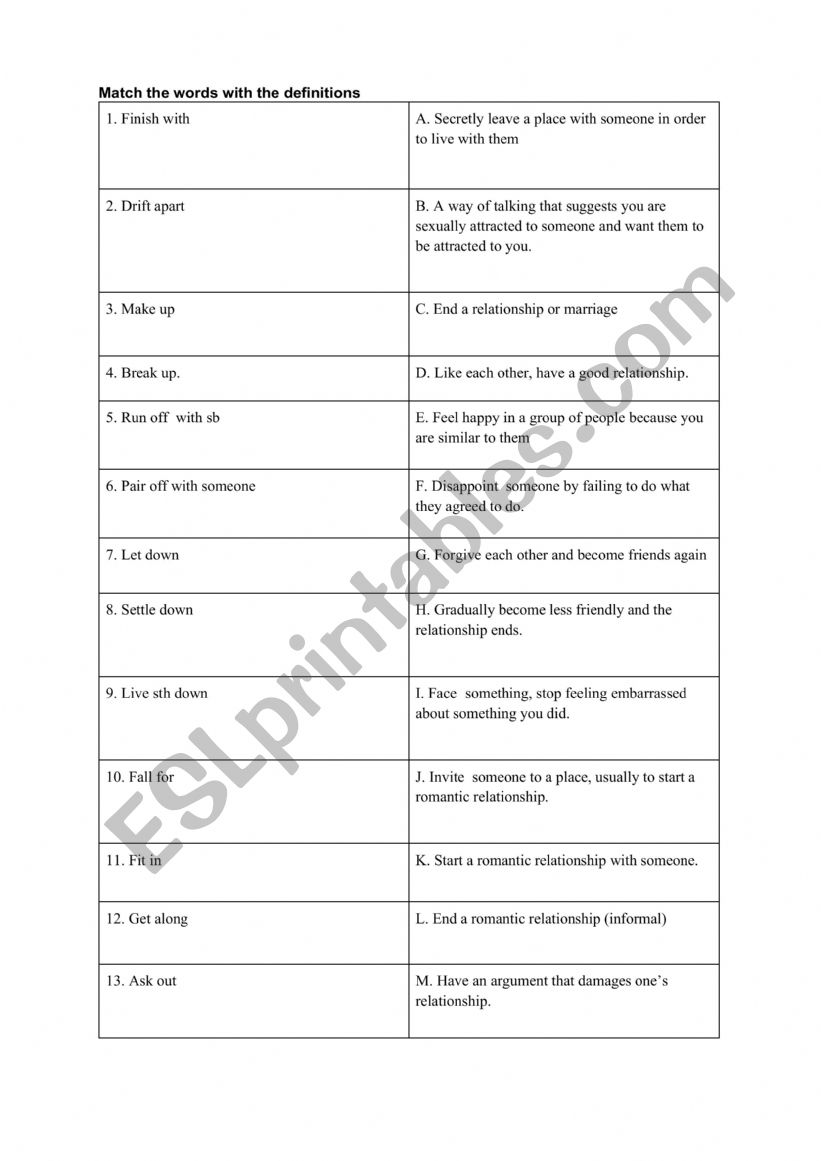 Vocabulary on RELATIONSHIPS worksheet