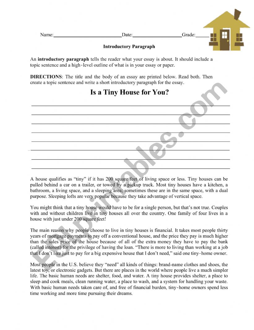 Introductory Paragraph worksheet