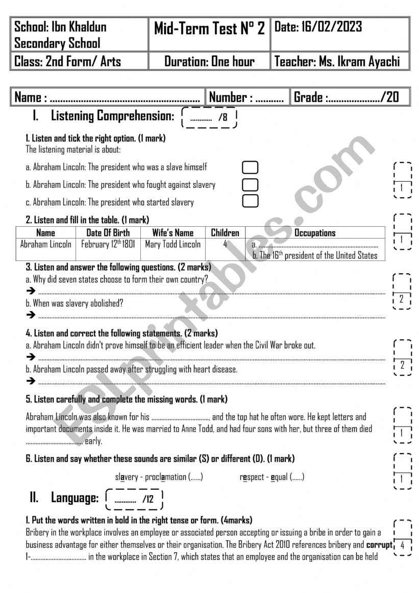 2nd Form - Arts - Mid-Term Test n 2