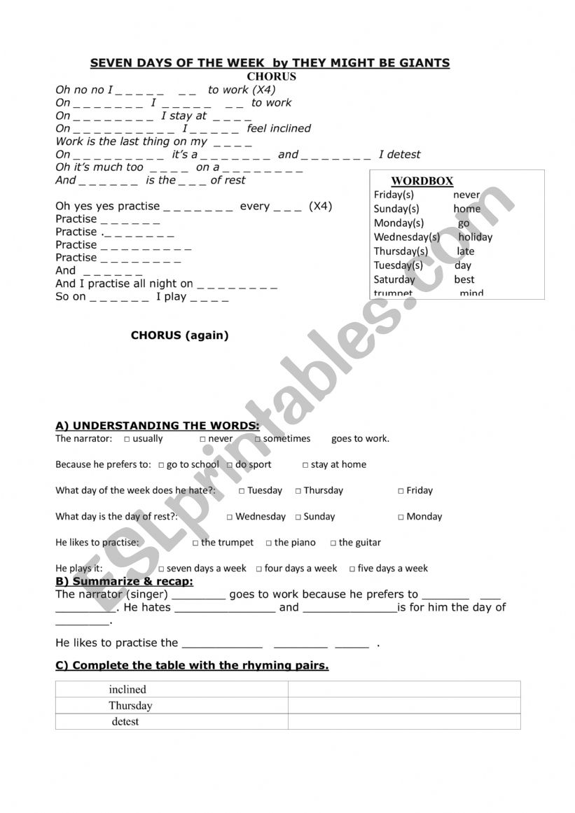 7 days of the week worksheet