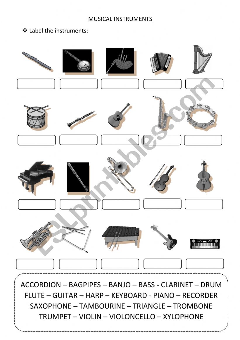 Musical instruments labelling worksheet