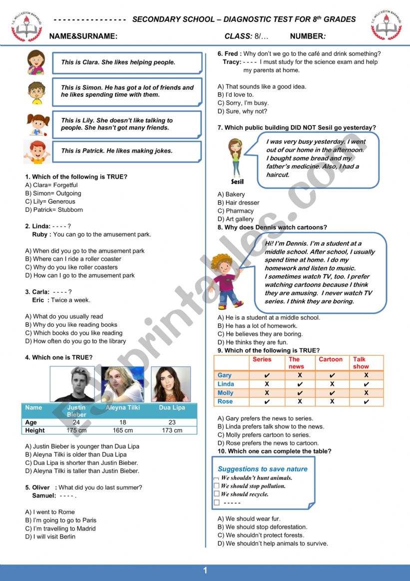 placement test for 8th grade secondary school