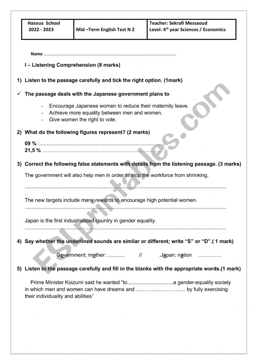 4th year mid term test n2 worksheet