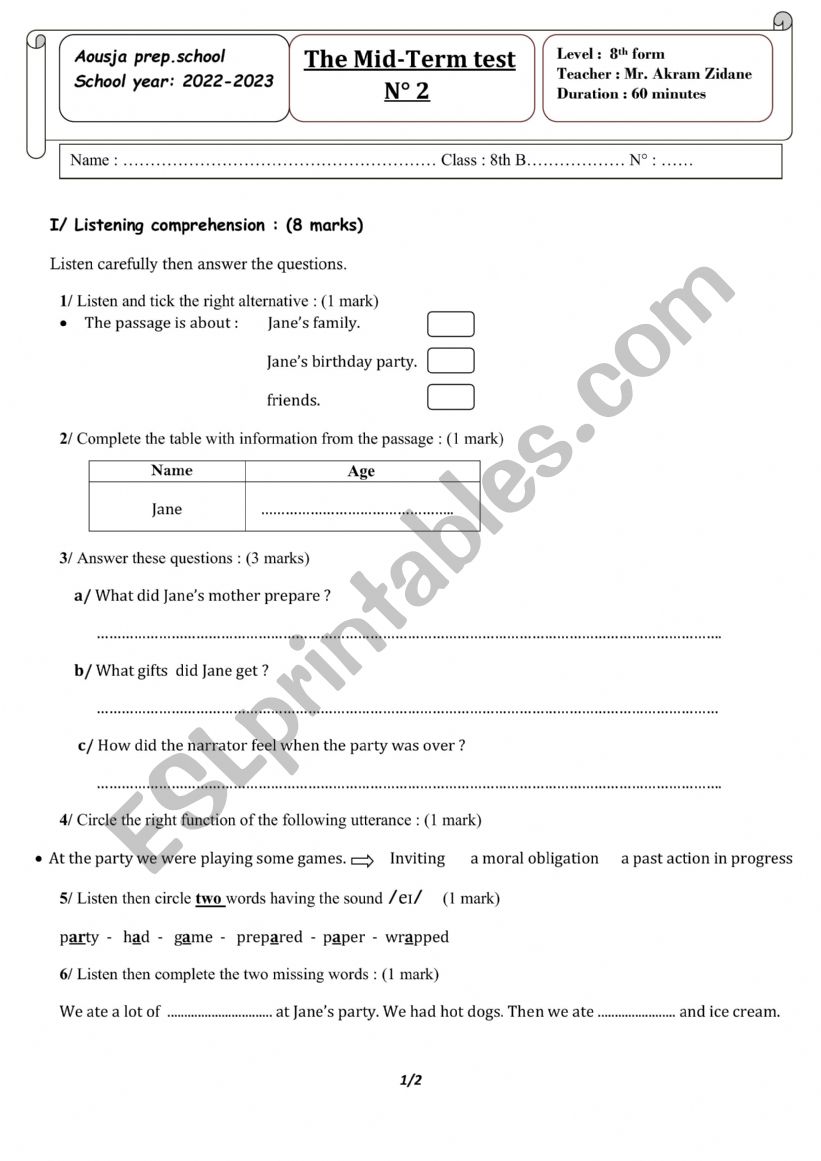 8th form mid-term test 2 worksheet