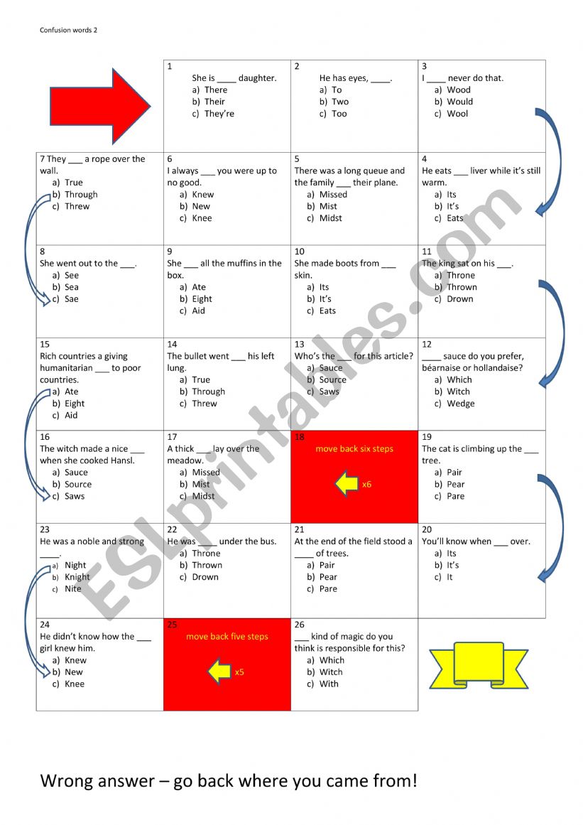 confusion words board game worksheet