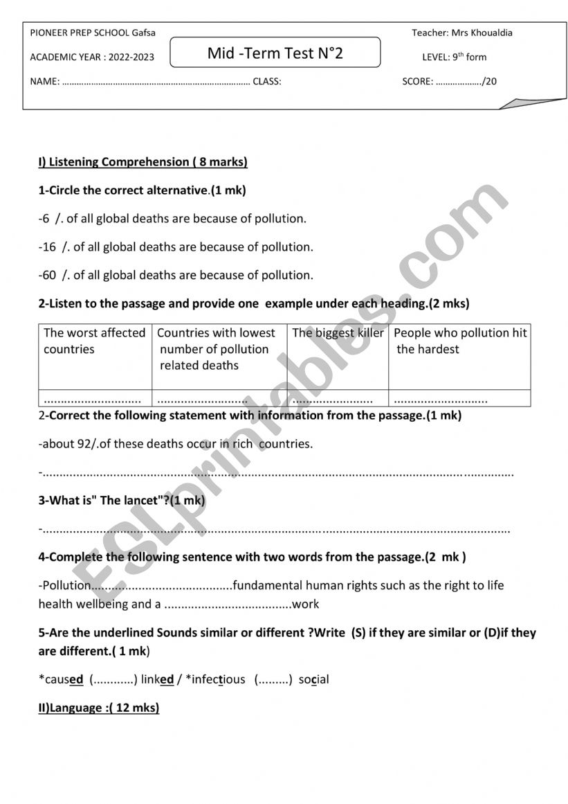 Mid-Term English Test N2 worksheet