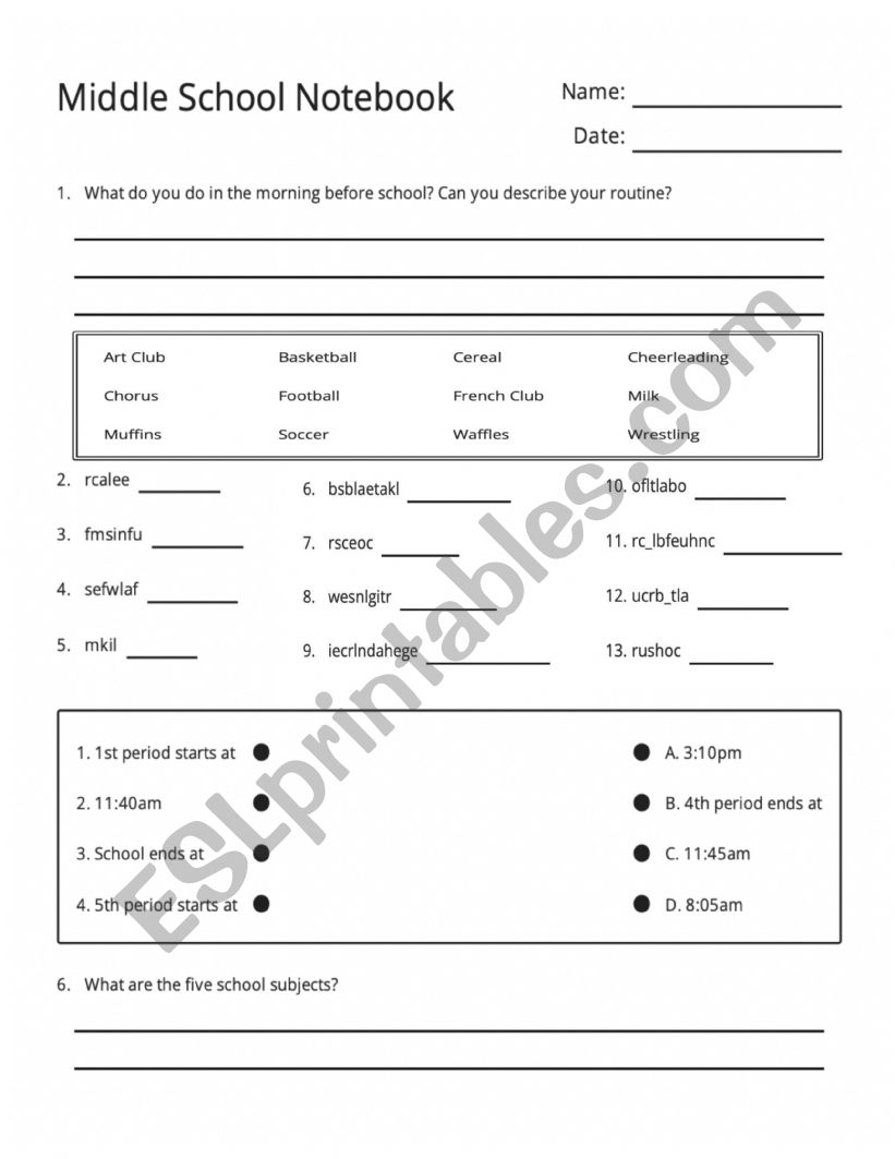 Middle School Notebook Worksheet