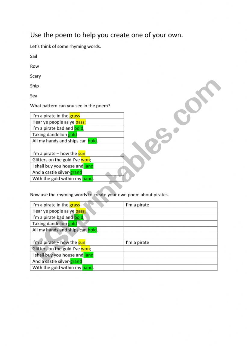 Pirate Poetry worksheet