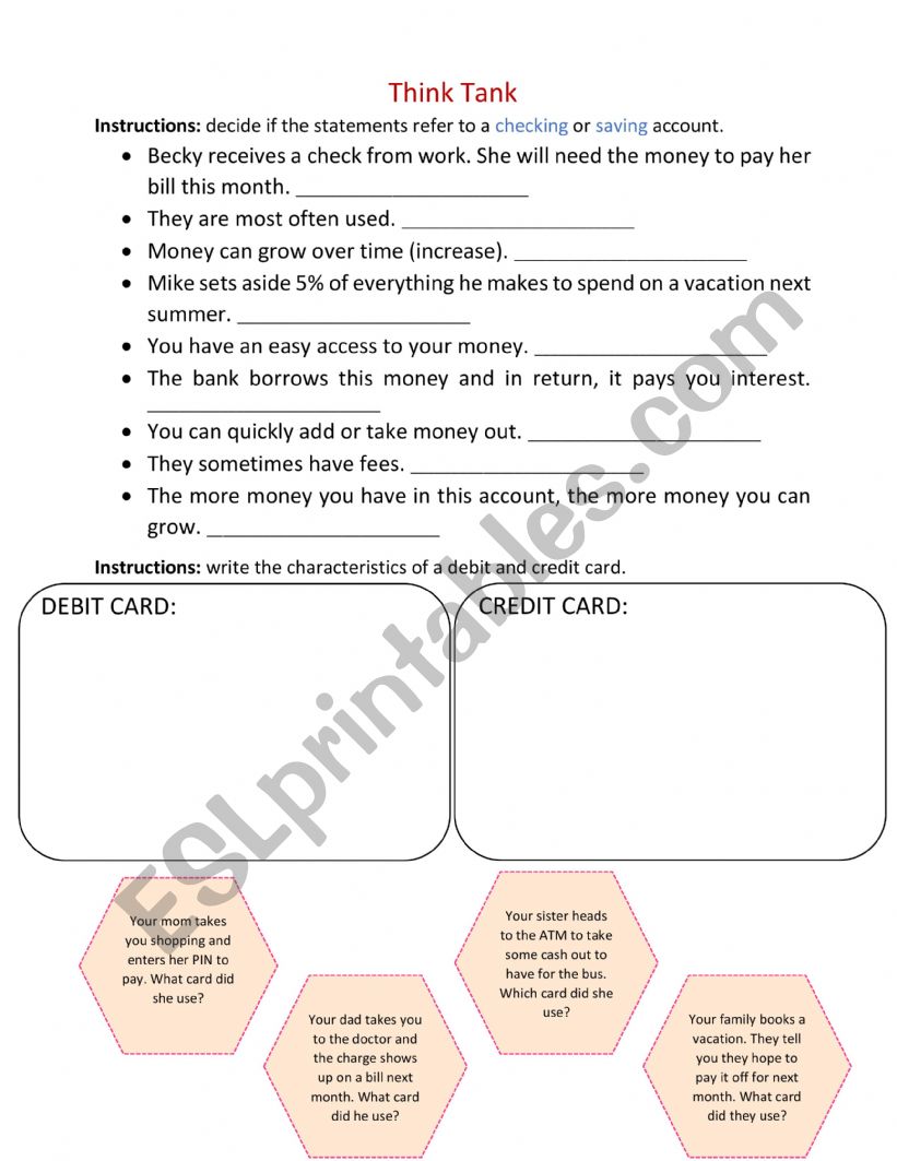 Checking and Saving Account worksheet