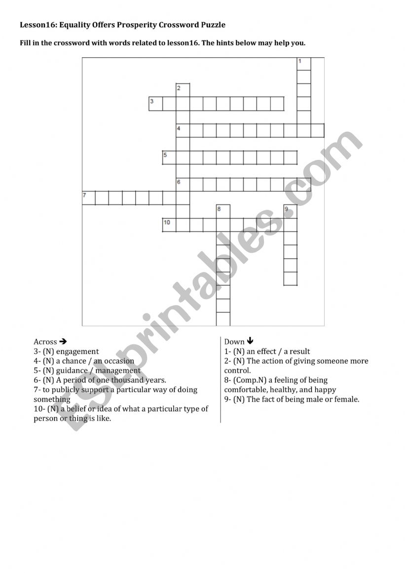 Lesson16: Equality Offers Prosperity: Crossword puzzle