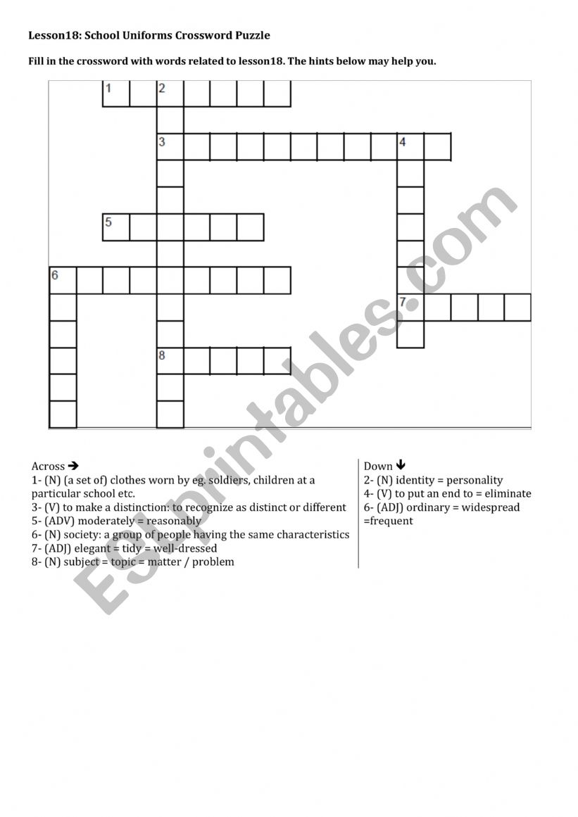 Lesson18: School Uniforms Crossword puzzle ESL worksheet by kamel