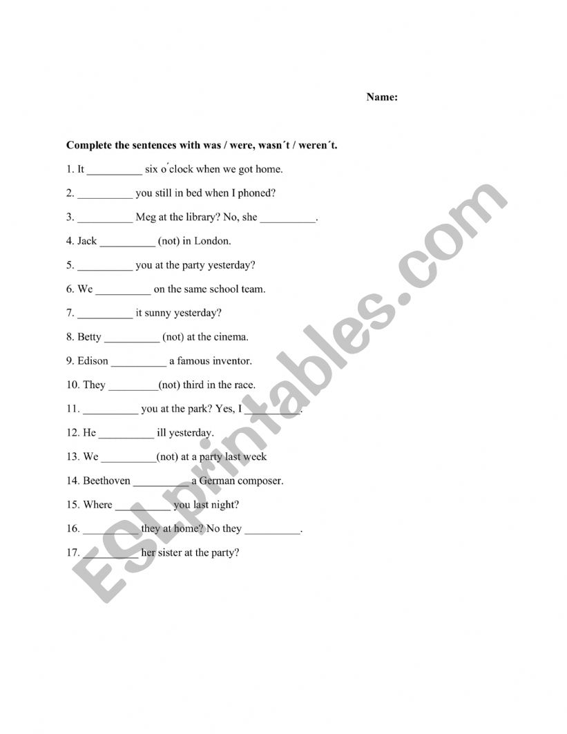 Was/ wasnt, were/ werent worksheet