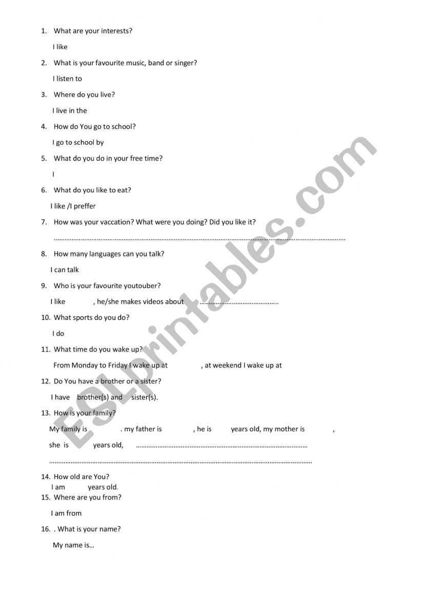 What are your interests worksheet